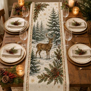 May include: A rectangular table runner featuring a winter forest scene with a central deer, pine trees, and snow, bordered by pine branches and red berries. The runner is set on a wooden table with four place settings, each including a plate, napkin, and glass.