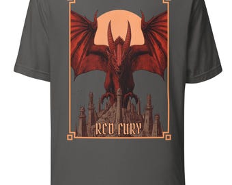 Red Fury dragon t-shirt, fire dragon fantasy graphic tee, RPG D&D gamer shirt, red dragon graphic apparel, volcanic dragon tee