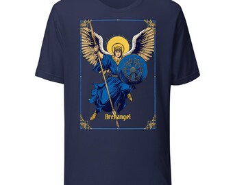 Camiseta de arcángel, camiseta gráfica de guerrero divino, camiseta con alas de ángel sagrado, ropa con arte de guardián celestial, ropa urbana de mitología y fe
