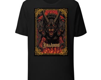 Camiseta unisex premium Hellhound, camiseta gráfica de perro demonio de fuego, ropa de monstruos de fantasía oscura, camiseta gótica infernal ocultista, camiseta de heavy metal