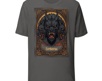 Camiseta unisex premium Cerbero, camiseta gótica con perro de tres cabezas, camiseta gráfica de mitología griega, ropa ocultista vintage, regalo para gamers góticos