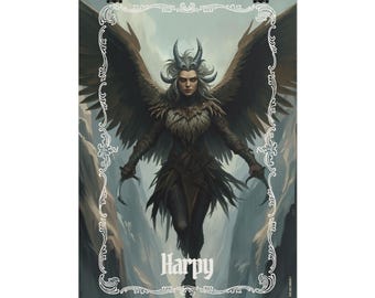 Póster de arpía, lámina de arte de la mitología griega, arte mural de criaturas míticas, lámina de arpía de fantasía oscura, decoración gótica para el hogar, regalo de arte folclórico