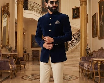 Traje Bandhgala azul marino Royal Jodhpuri Indo Western Blazer con pantalones beige, atuendo para el novio en la recepción de la boda, traje formal de fiesta con cuello Nehru