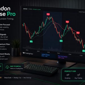 May include: A computer monitor displaying the London Pulse Pro trading interface with a candlestick chart, buy and sell signals, and performance metrics including a 75% win rate, 1245 total pips, 2.3R average reward to risk, and 87 total trades analyzed.