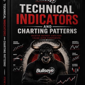 May include: A hardcover book titled Technical Indicators and Charting Patterns by Steve Nison. The black cover features a muscular bull wearing a Bullseye Indicators shirt, a laptop displaying a stock chart, and various technical analysis diagrams.
