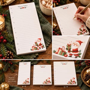May include: A white rectangular notepad with horizontal lines, featuring the text Merry Notes at the top, a red bow graphic, and a Santa Claus illustration with gifts at the bottom. The left border has small snowflake icons in gray.