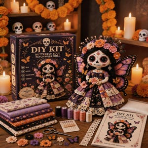 May include: A DIY kit for a butterfly soul patchwork doll featuring a box with the text DIY KIT BUTTERFLY SOUL PATCHWORK DOLL, a finished doll with wings and floral headpiece, fabric stacks, spools of thread, needles, and an instruction booklet.