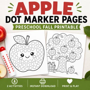 May include: Apple Dot Marker Pages Preschool Fall Printable. Two white sheets with black line art of a smiling apple and an apple tree with circles for dot markers. Includes a red dot marker, a red apple, and green leaves.