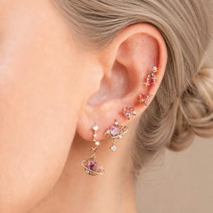 Pink Heart Pendant Earring Set, Dainty Zircon Multi Piercing Ear Stack, Minimalist Love Earrings, Valentine Gift for Her