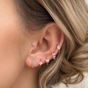 CZ Flower Earrings Set, Sterling Silver Studs Ear Cuffs and Dangles, Floral Cubic Zirconia Ear Stack, Gift for Her