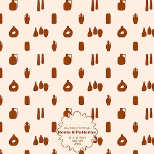 May include: A seamless pattern featuring brown silhouettes of various vases and bottles on a light beige background. A central scalloped label displays the text: SEAMLESS PATTERNS, Roots & Patterns, 12 X 12 INCH, 300 DPI, JPEG.