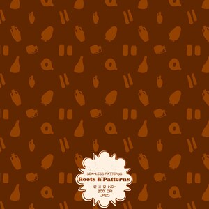 May include: A seamless digital pattern featuring brown silhouettes of various pottery vessels, jugs, and cylindrical shapes on a dark brown background. A central white scalloped label displays the text: SEAMLESS PATTERNS Roots & Patterns 12 X 12 INCH 300 DPI JPEG.