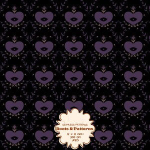 Pode incluir: Um padrão contínuo com corações roxos repetidos com motivos de olhos centrais e pequenos ramos florais sobre um fundo preto. Uma etiqueta na parte inferior diz: SEAMLESS PATTERNS, Roots & Patterns, 12 X 12 INCH, 300 DPI, JPEG.