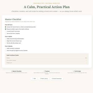Executor's Checklist & Estate Settlement Planner | Death Certificate Tracker, Account Closure Log | PDF + Word