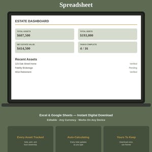 May include: An After-Death Estate Spreadsheet digital template on a screen, featuring an Estate Dashboard with total assets, debts, net value, and task completion. Includes sections for recent assets, Excel and Google Sheets compatibility text.