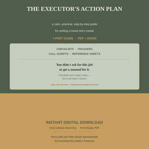 May include: A digital guide titled The Executor's Action Plan by Gentle Estate Co. The document features a 7-part guide in PDF and Word formats, including checklists, trackers, call scripts, and reference sheets for settling an estate.