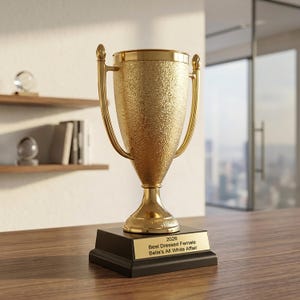 May include: A gold-colored trophy cup with a textured surface, two side handles, and a smooth rim. It sits on a black square base with a gold plaque engraved with the text: 2026, Best Dressed Female, Bella's All White Affair.