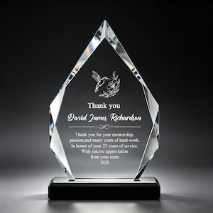 May include: A diamond-shaped clear glass award trophy featuring a black base. The glass is etched with a hummingbird and flower graphic, the text Thank you, David James Richardson, and a message honouring 25 years of service and the year 2026.