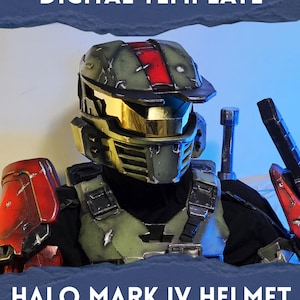 May include: A Halo Mark IV helmet digital template featuring a weathered olive green finish with a prominent red stripe down the centre and a reflective gold visor. The armour includes matching red and green shoulder and chest plating components.