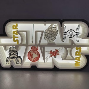 Könnte beinhalten: Ein mehrschichtiges, beleuchtetes Star Wars-Schild mit schwarzem Außenrahmen und weißem Innenbereich. Das Design umfasst gelben Text, ein Lichtschwert, einen Millennium Falken, einen TIE-Jäger, einen Klonkrieger-Helm, einen BB-8-Droiden und einen X-Wing.