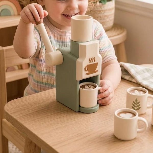 Coffee Machine Playset, Montessori Barista Toy, Latte Art Cups (Ages 3+)