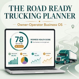 Könnte beinhalten: Ein Laptop-Bildschirm zeigt The Road Ready Trucking Planner Owner-Operator Business OS. Das Dashboard zeigt einen Business Health Score von 78 von 100, mit Datenvisualisierungen für wöchentliches Einkommen, Ausgaben, Gewinn und gefahrene Kilometer.