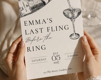 Editable Canva Hen Party Invitation, Last Fling Before Ring, Champagne Illustration (Digital Template)