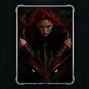 May include: A clear protective tablet case displaying an illustration of a red-haired person holding the horns of a red dragon with green eyes. Text above reads VOID EMPTINESS IS NOT THE END. IT IS THE OPENING. Text below reads THE ELEMENTAL BONDS + Crafty Bean Studio HK.