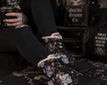 Women's Faux Fur Winter Boots | Skull Floral Leather Boots | Lace-Up Goth Boots