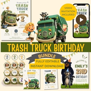 May include: A digital birthday party bundle featuring a green trash truck, a cartoon child, and a raccoon. The graphics include invitations, cupcake toppers, and thank you cards with text such as Our Little Trash Truck Fan, Emily's 2nd Birthday.