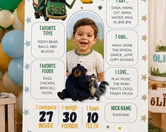 Trash Truck Milestone Board Editable Canva Template Baby Stats Sign, Trash Truck Milestone sign Pastel 1st Birthday Stats Digital Download
