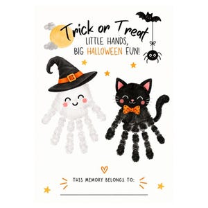 Puede incluir: Un diseño de Halloween con un fantasma hecho de una huella de mano blanca con sombrero de bruja negro y un gato hecho de una huella de mano negra con pajarita naranja de lunares. Texto: Trick or Treat LITTLE HANDS, BIG HALLOWEEN FUN! y THIS MEMORY BELONGS TO: