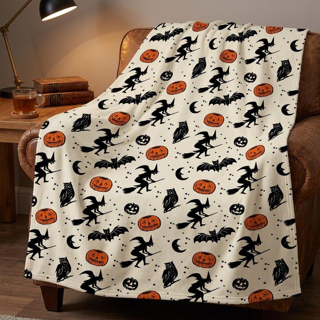 Halloween Witch Blanket, Spooky Halloween Fleece Throw, Witch Broom Pumpkin Blanket, Bat and Owl Hal