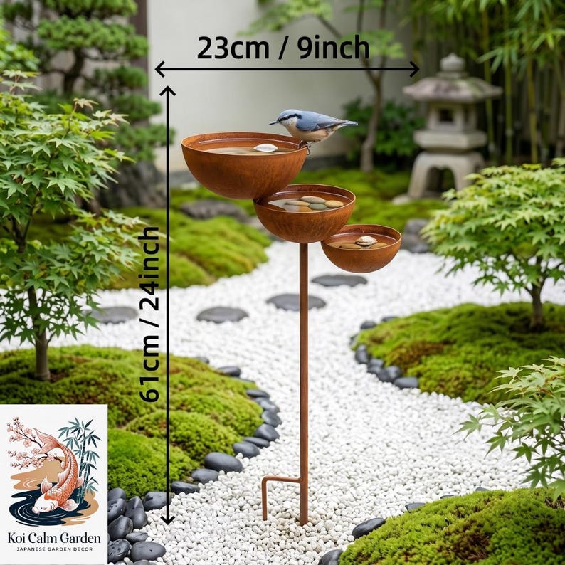 May include: A tiered bird bath featuring three rust-colored metal bowls on a single pole, with a small bird perched on the top bowl. The structure measures 23 inches in width and 61 inches in height, as indicated by the visible measurement text.