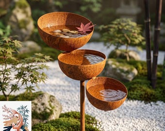 Baño para pájaros de metal de 3 niveles con captador de lluvia - Estaca de jardín japonesa, comedero rústico para pájaros de exterior, decoración de jardín vintage, acero corten envejecido y oxidado