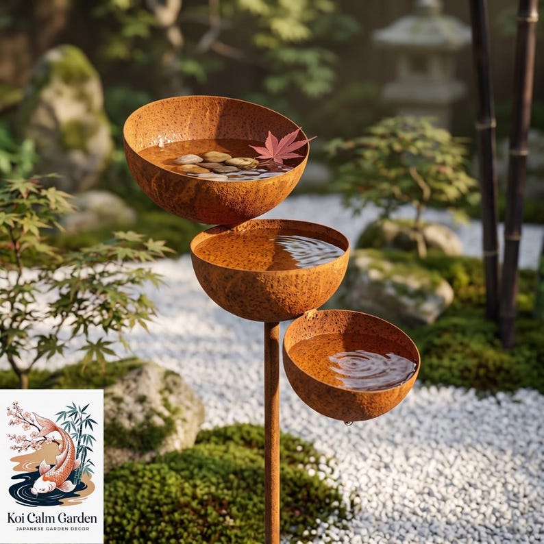 May include: A tiered water feature made of three rusted metal bowls arranged vertically on a central pole. Each bowl is filled with water, and the top bowl contains smooth river stones and a single red maple leaf floating on the surface.