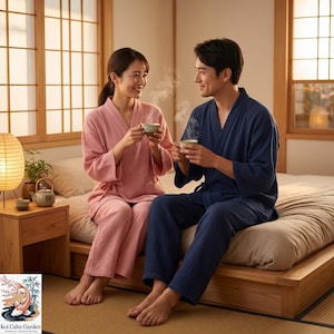 以下が含まれることがあります： ピンクとネイビーブルーの無地のツーピースパジャマセット。どちらも長袖のラップスタイルで、紐で結ぶタイプの上着と、お揃いの長ズボンで構成されています。両方の衣類は、シワ加工が施されたテクスチャーのある生地で作られています。