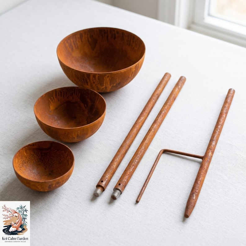 May include: Three hemispherical bowls with a textured, rusted metal finish, accompanied by two straight metal rods with threaded ends and one L-shaped metal ground stake, all featuring a matching weathered, oxidized brown surface appearance.