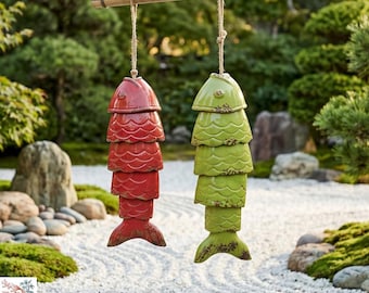 Japanese Koi Fish Wind Chimes - Red and Grass Green, Metal Wind Bells, Zen Garden Decor & Feng Shui Harmony, Japanese Style Art