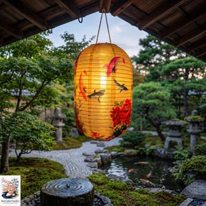 May include: A cylindrical paper lantern with a warm yellow glow, featuring illustrations of swimming koi fish and vibrant red peony flowers. The lantern is suspended by a thin cord and displays a horizontal ribbed texture throughout its surface.