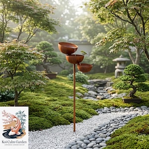 May include: A tiered water feature made of three rusted metal bowls stacked on a thin vertical pole. Water flows from the top bowl into the middle and bottom bowls. A small green bird is perched on the edge of the middle bowl in a garden.