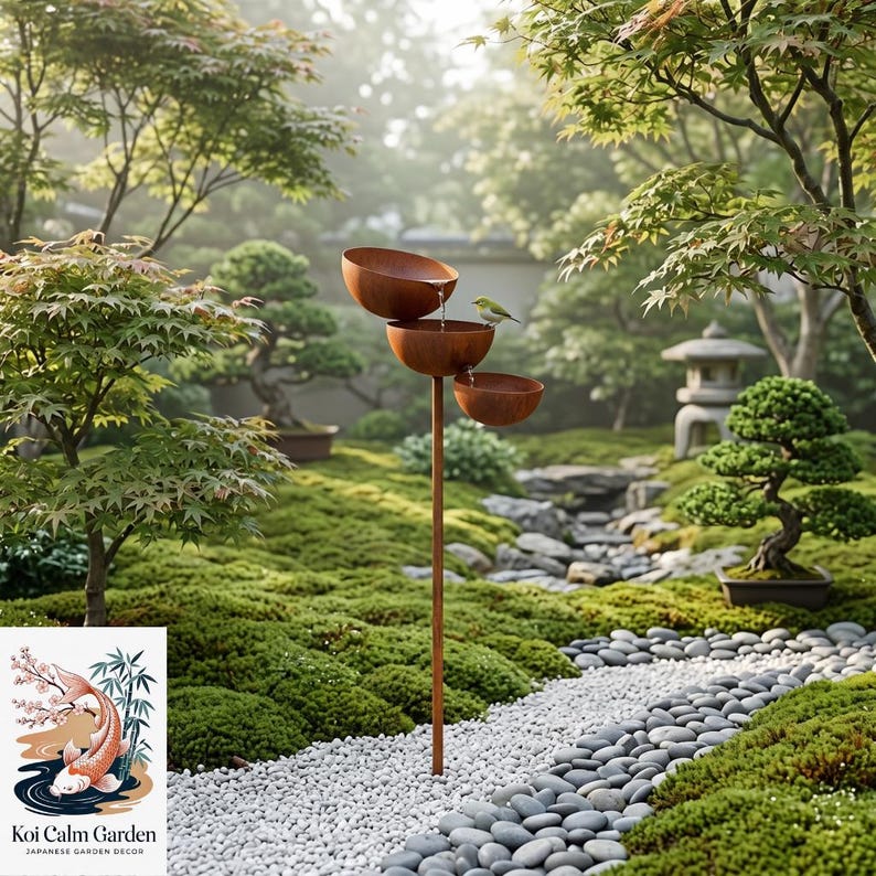 May include: A tiered water feature made of three rusted metal bowls stacked on a thin vertical pole. Water flows from the top bowl into the middle and bottom bowls. A small green bird is perched on the edge of the middle bowl in a garden.