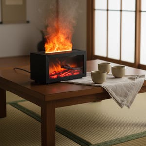 Puede incluir: Un humidificador eléctrico rectangular negro con forma de chimenea, con un frente de cristal que muestra brasas y leños rojos brillantes, emitiendo una columna de vapor iluminada en naranja que imita llamas, junto a tres tazas de té beige.