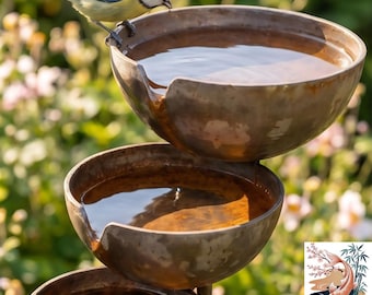 3-Tier Metal Rain Catcher Bird Bath - Japanese Garden Stake, Rustic Outdoor Bird Water Feeder, Vintage Garden Decor
