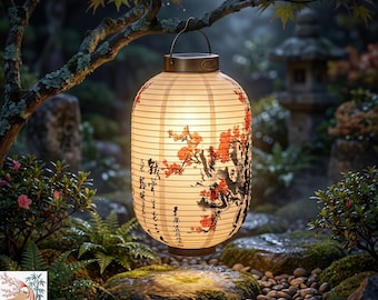 Solar Powered Japanese Lantern - Hanging LED Garden Light, Cherry Blossom Plum Blossom Design, Waterproof Outdoor Zen Feng Shui Decor