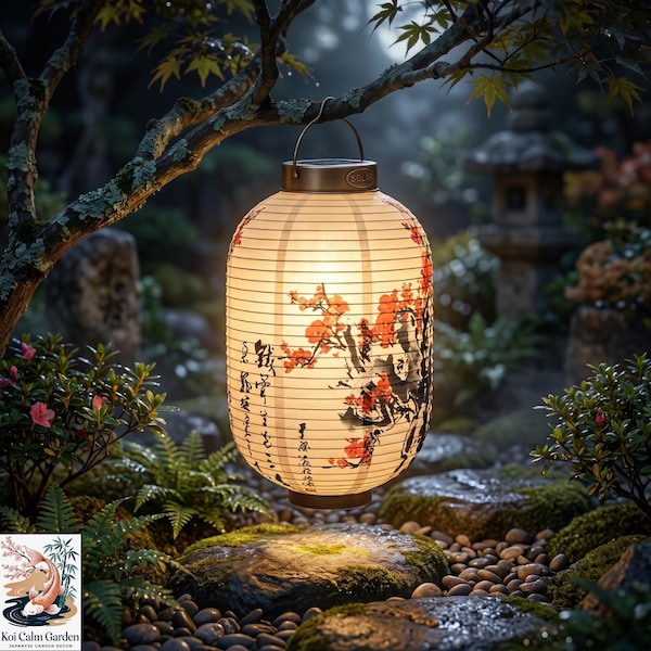 Lanterne japonaise solaire - Lampe de jardin LED suspendue, motif fleurs de cerisier et de prunier, étanche, décoration zen Feng Shui d'extérieur