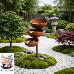 May include: A tiered water feature with three rusted metal bowls stacked vertically on a central pole, each filled with water and smooth stones. A small bird perches on the rim of the top bowl. The base is set in a mossy garden landscape.