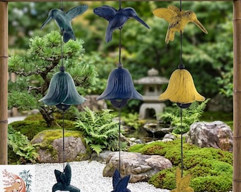 Japanese Style Hummingbird Cast Iron Wind Chime – Vintage Metal Bell with Birds, Soft Sound for Garden, Patio, Balcony & Zen Outdoor Decor
