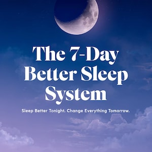 May include: A digital graphic featuring a crescent moon against a dark blue night sky with clouds. The text reads: The 7-Day Better Sleep System. Sleep Better Tonight. Change Everything Tomorrow. The brand name BloomGuidesCo is at the bottom.