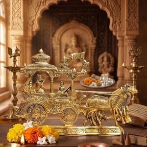 May include: A gold-coloured metal sculpture depicting a traditional chariot pulled by two horses, featuring intricate embossed patterns and two figures seated inside. The chariot is mounted on a rectangular base and displays detailed craftsmanship throughout.